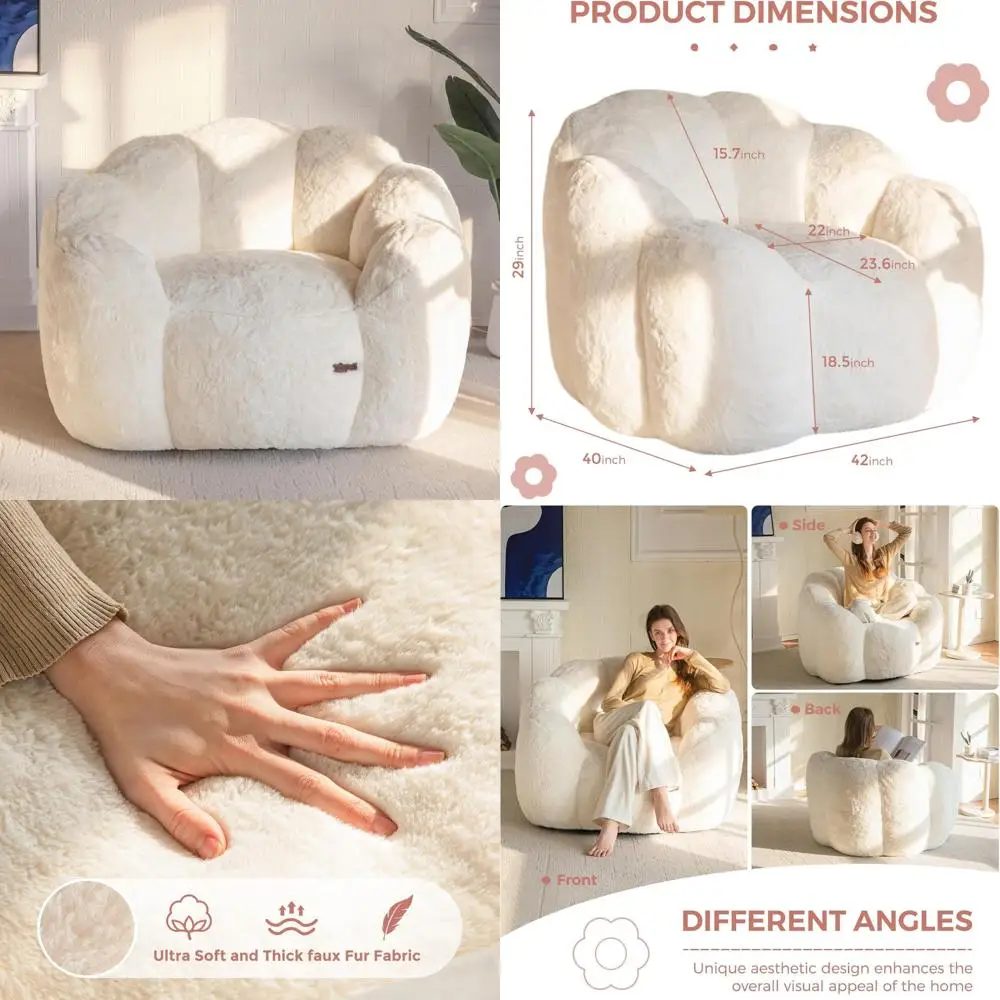 أريكة كيس فول قطيفة منقوشة بالزهور، كرسي أرضي من الفرو الصناعي الناعم، مقعد قراءة كبير الحجم لغرفة المعيشة