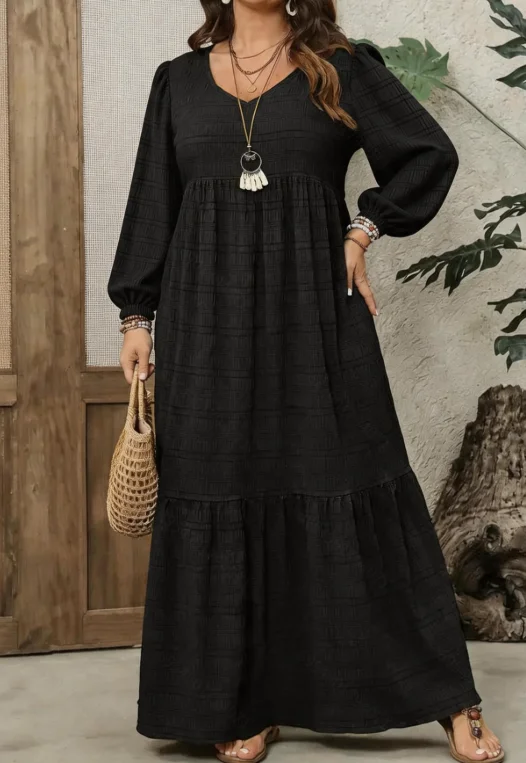Damenkleid in Übergröße mit Strukturierter Oberfläche, Dehnbar, V-Ausschnitt, Laternenärmel, Locker Geschnittenes, Mehrschichtiges Casual-Maxikleid – Detail 6