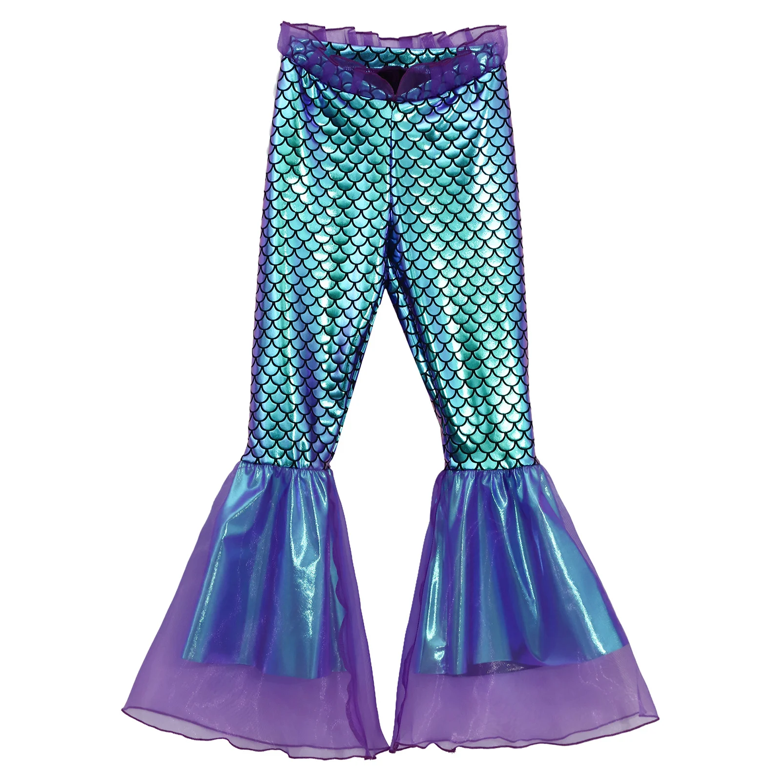Kinder Mädchen Meerjungfrau-Hose mit Fischschuppen-Print, elastische Taille, Rüschen, ausgestellte Hose, Schlaghose, Halloween-Prinzessinnen-Kostüm