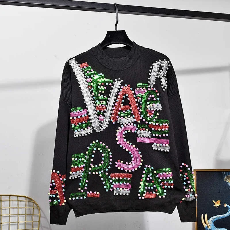 

Уличная мода, черный, белый цвет, вязаный спортивный костюм, женский свободный вязаный свитер с бисером и блестками, брюки-карандаш, женская одежда