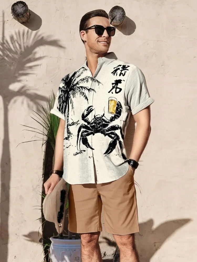 

Men's Crab Holding A Beer Art Print Casual Shirt Fashion Summer Short Sleeve Funny Retro Printing Tops Japanese Style Buttons