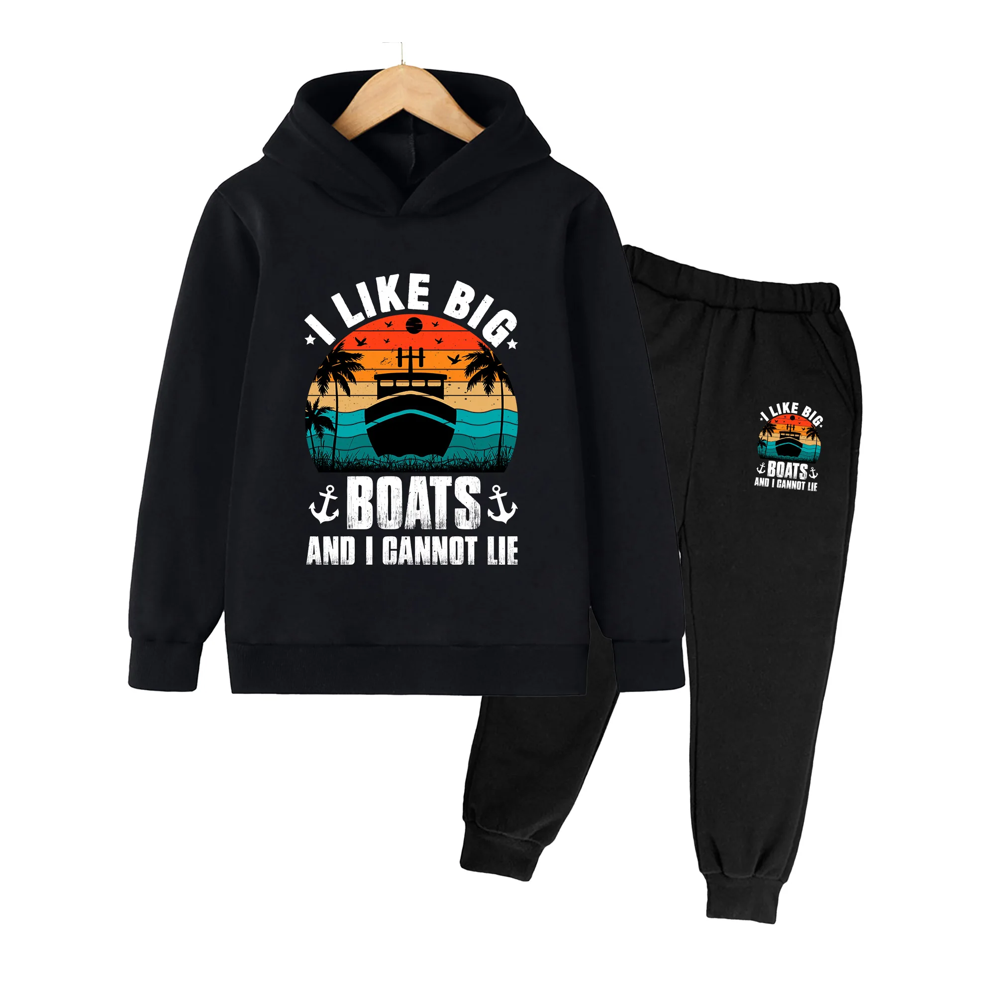 Kids Boys Girls Hoodie & Pants Set, Retro Sunset Ship Print Casual Beach Vacation Outfit