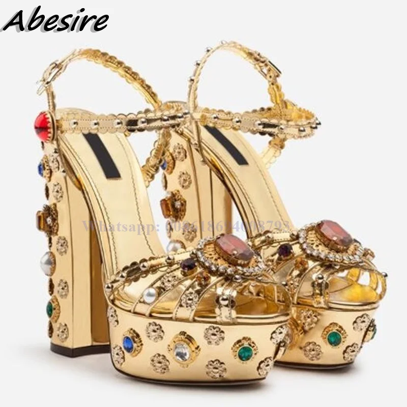 Gold Sandals Crystal Pearl Decor Platform Heels Chunky Heel Women Summer Shoes Luxury Colorful Open Toe Lady Elegant Sandals