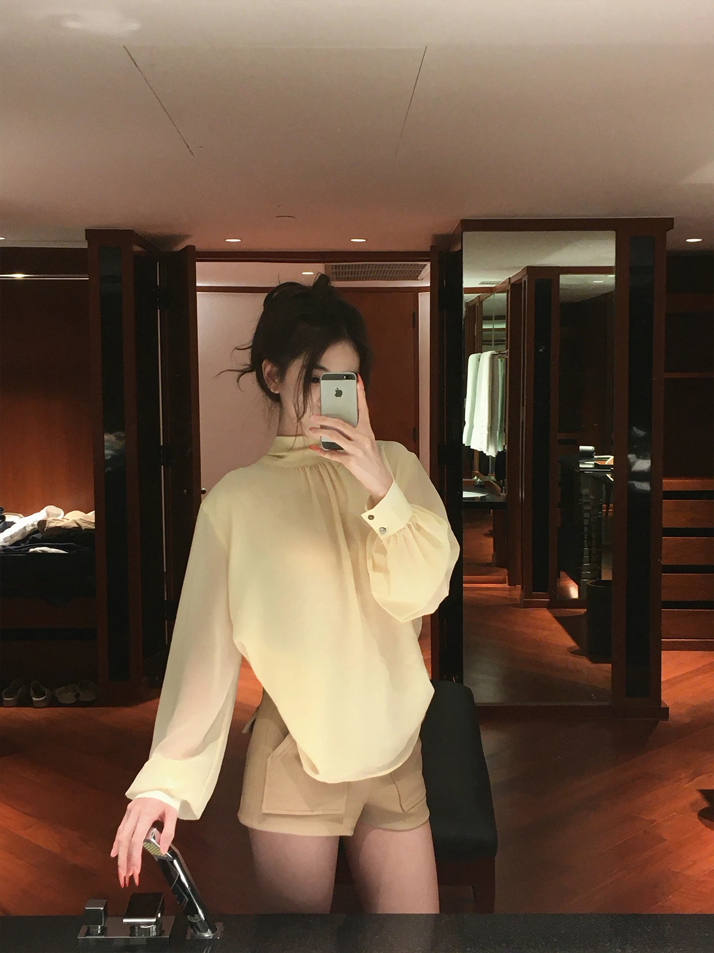 

Double Layered Chiffon Top in Apricot Color by GYO Cleanfit Loose Fit Long Sve Lace irt for Women Spring 2026