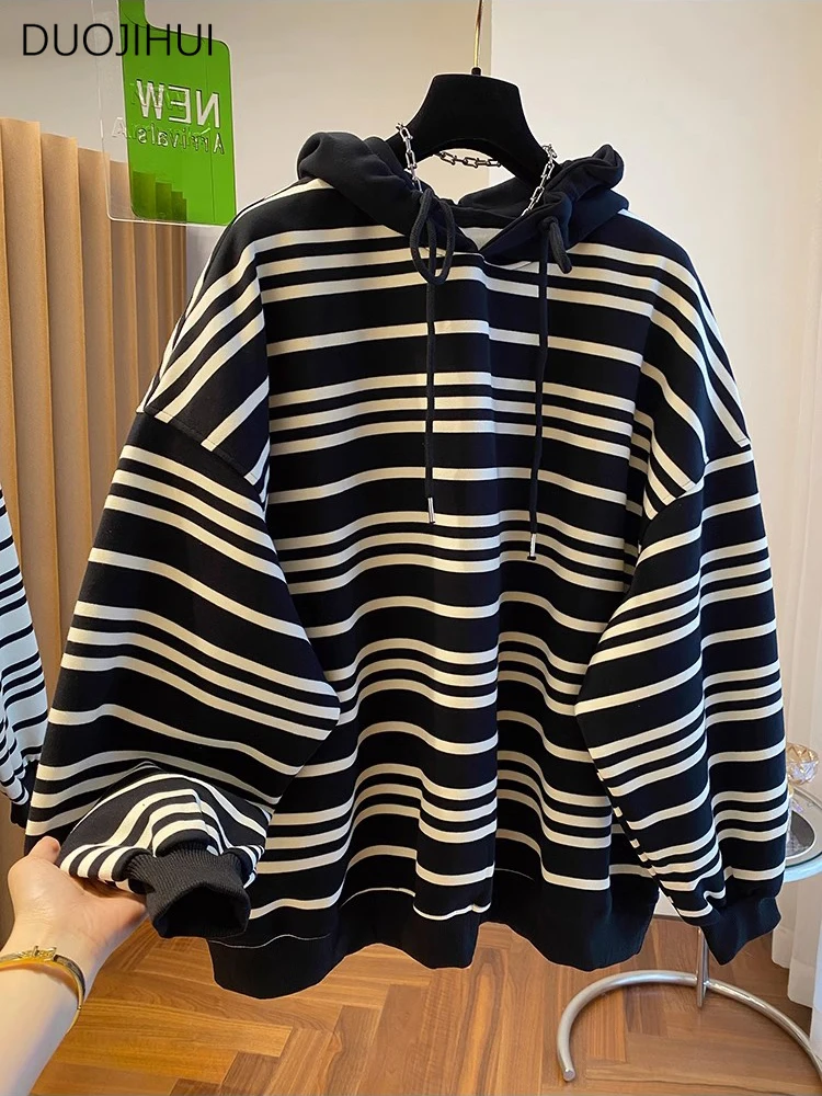 

DUOJIHUI Classic Striped Chicly Drawstring Hooded Loose Female Hoodies Spring Loose Casual Fashion Contrast Color Women Hoodies