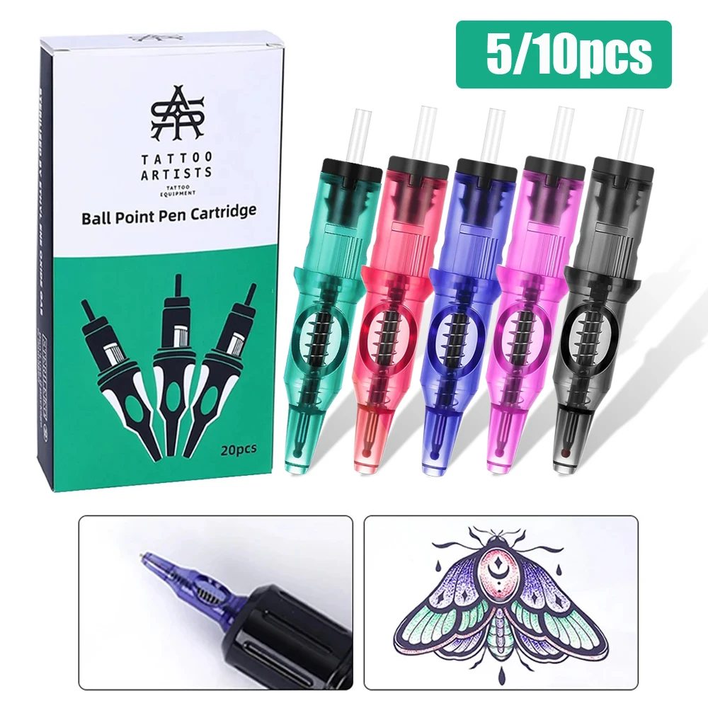 10/5PCS Ballpoint Tattoo Cartridge Needles 5 Colors Universal Tattoo Drawing Practice Cartridge Needles Drawing for Tattoo Pen