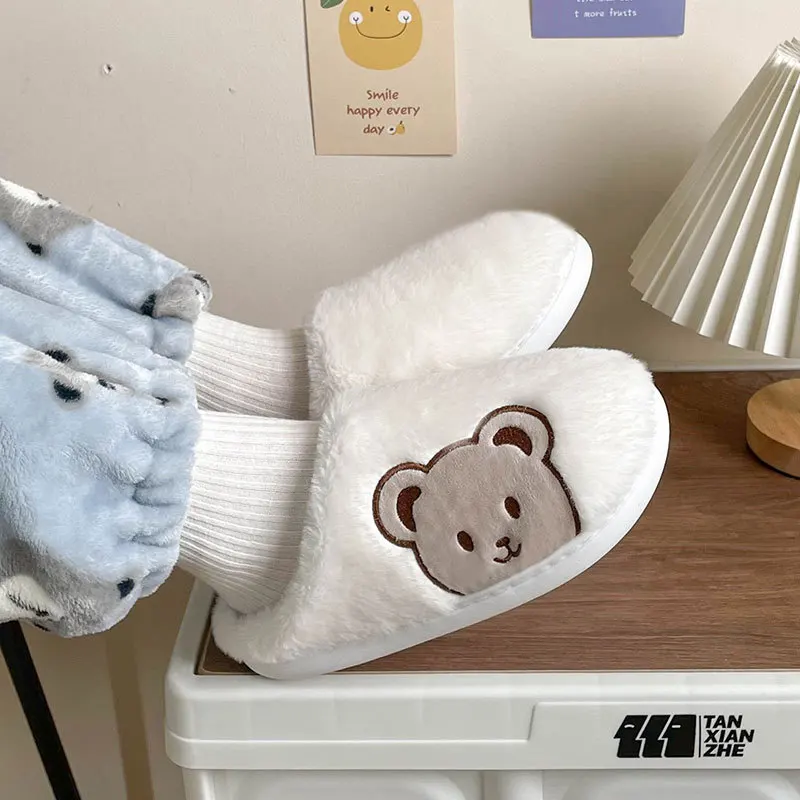 House Slipper Womens Teddy Bear flip flops Winter Warm Cartoon Kawaii Plush Indoor Home Shoes Flat Funny Fuzzy Female slides