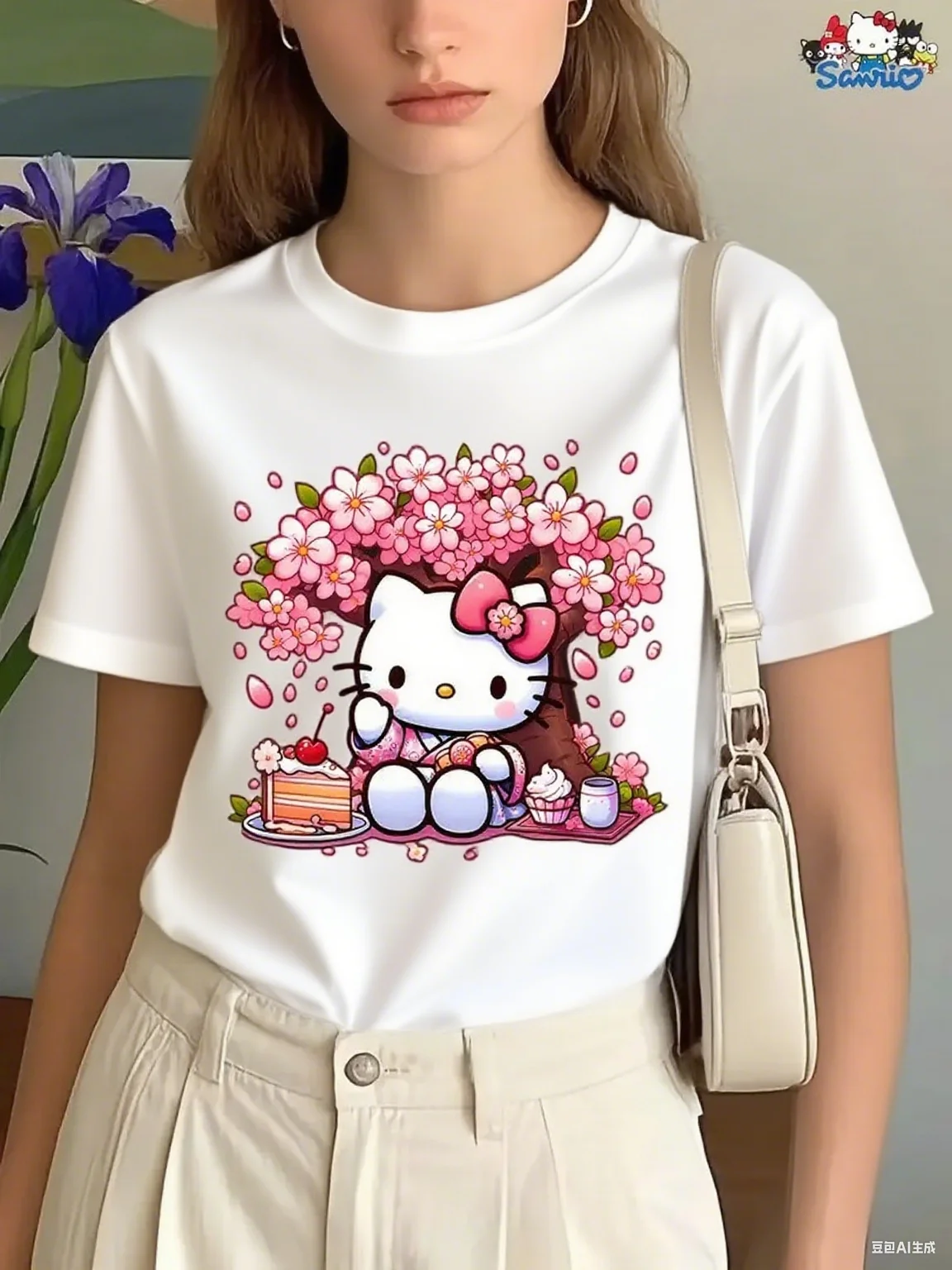 لطيف مرحبا كيتي زهر الكرز نزهة القطن تي شيرت العصرية المطبوعة العلامة التجارية القطن الخالص تي شيرت قصير الأكمام للجنسين جولة الرقبة #1