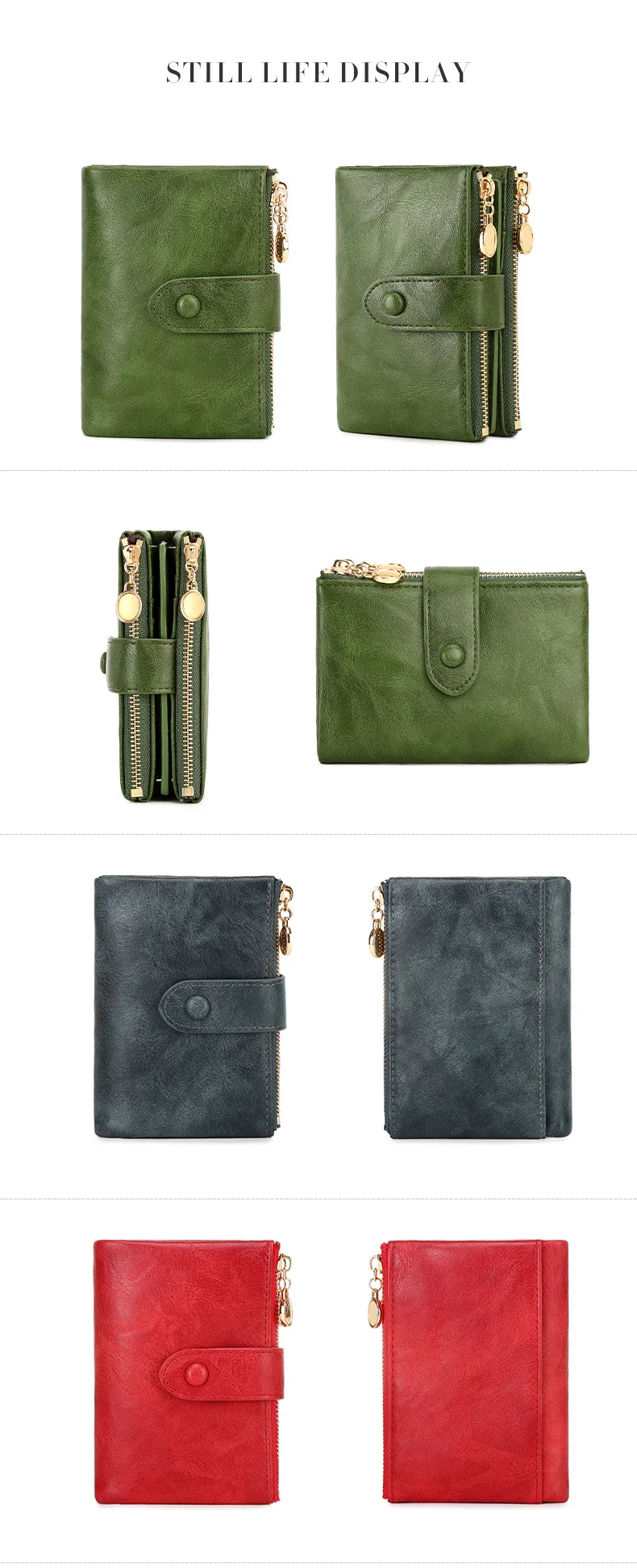 Retro-Geldbörse für Damen, kurz, dreifach faltbar, großes Fassungsvermögen, doppelter Reißverschluss, Ausweis- und Kreditkartenhalter, minimalistisch, einfarbig, Damen-Münzbörse – Detail 9
