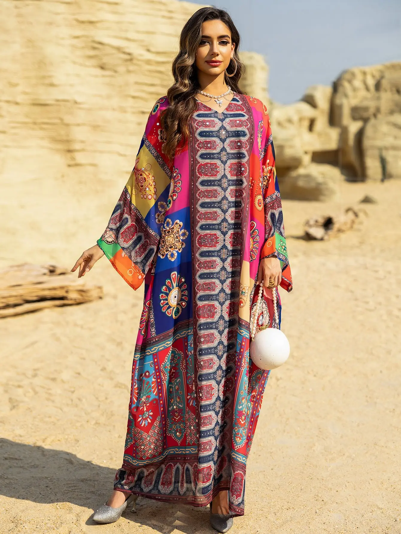 Eid femmes Robe Abaya robes Largos Jalabiya imprimer diamant manches chauve-souris Caftan Robe de soirée musulmane Ramadan maroc dubaï caftan
