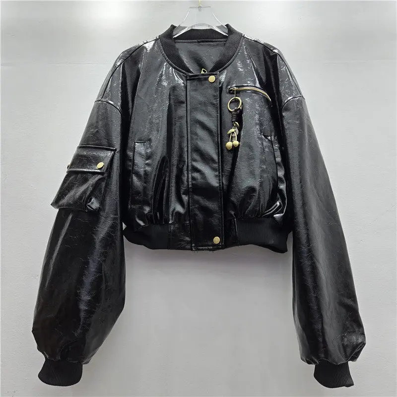 Autumn Women Short Faux Pu Leather Jacket Wine Red Black Vintage Stand Collar Zipper Long Sleeve Female Biker Jacket Streetwear