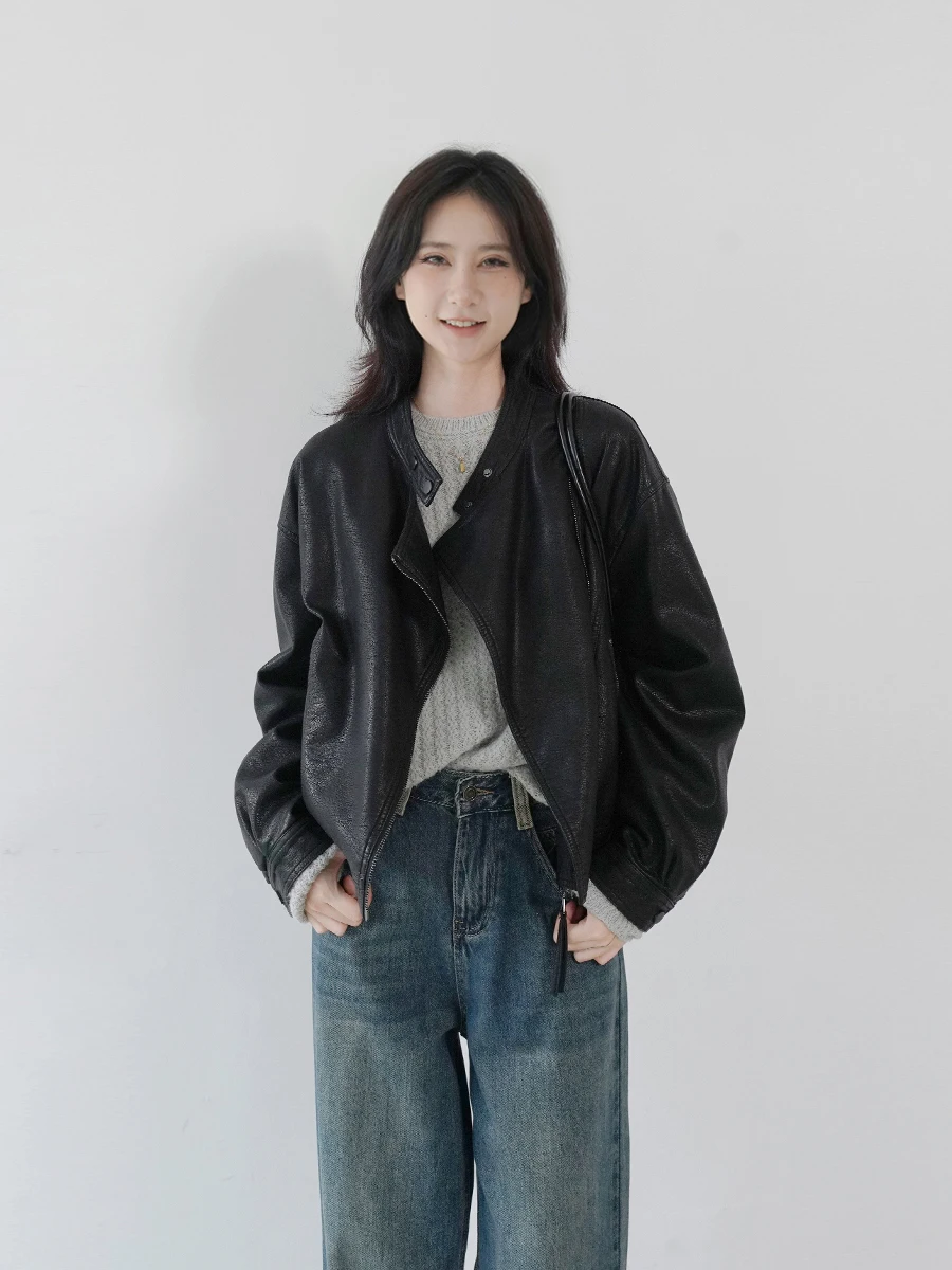 

Retro PU Leather Jaet Women's Loose Motorcycle Sle Versatile Top Autumn New Arrival Faionable ort Coat Zipper Closure