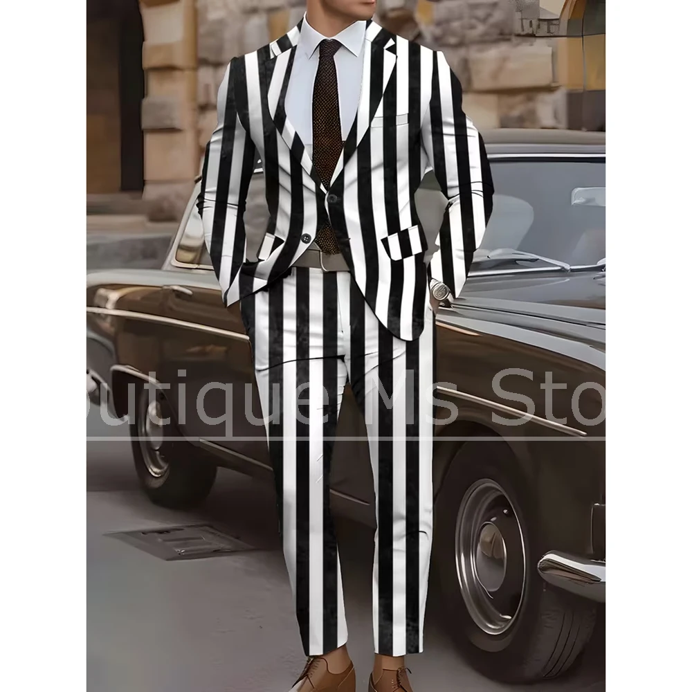 

Мужской черно-белый костюм в вертикальную полоску, 2 предмета, элегантный, однобортный, для вечеринок, выпускных, деловых встреч, повседневный, формальный, мужской костюм