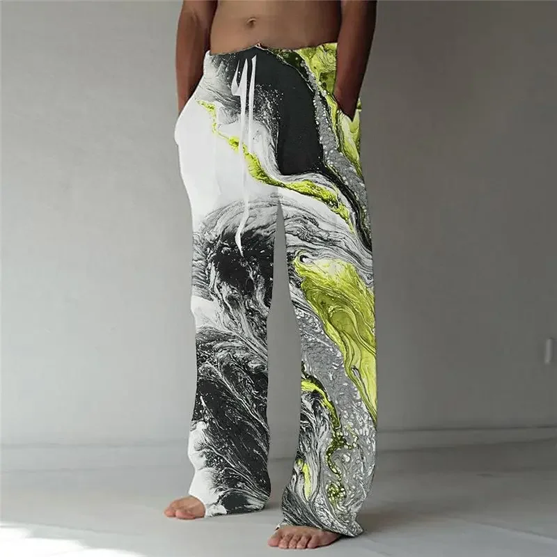 Youth men's new linen spring/summer drawstring loose trend 3D digital printed long leg wide leg pants wholesale