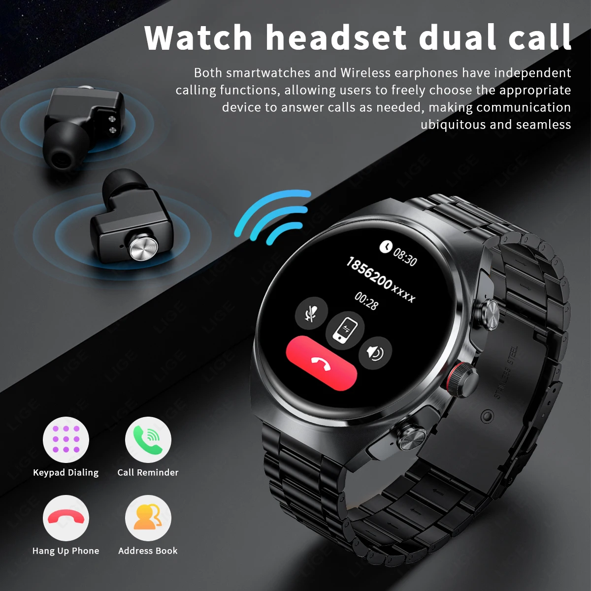 LIGE 2 In 1 TWS Earphones Smart Watch Waterproof Wireless Bluetooth Headset Call Health Blood Pressure Sports Music Smartwatch