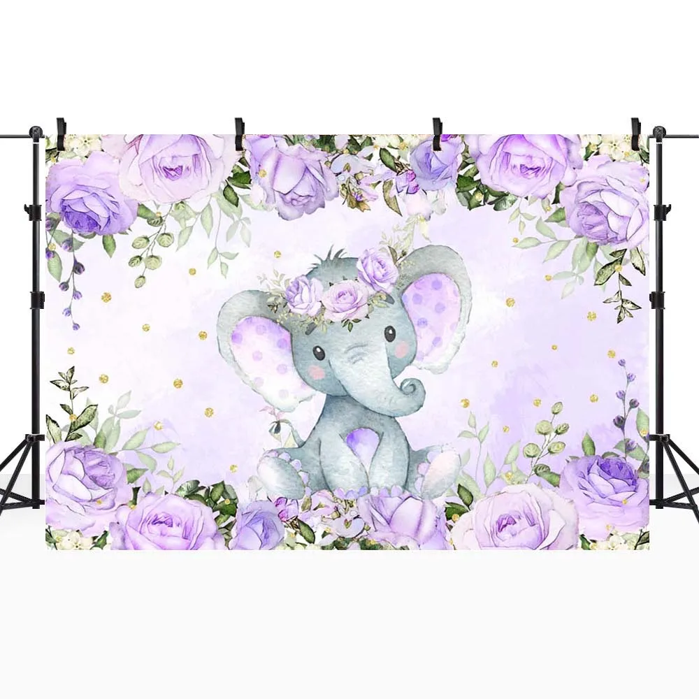 Mocsicka الفيل الصغير الأرجواني زهرة استحمام الطفل خلفية الوليد طفلة حفلة عيد ميلاد صورة خلفية راية الديكور