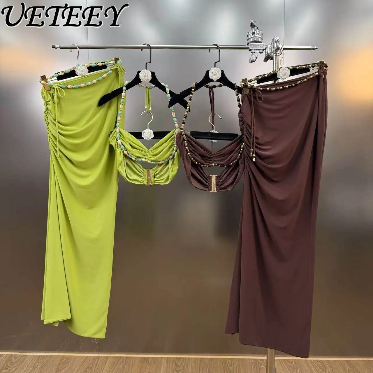 

2026 Spring Sexy Beaded Halter Neck Ruched Tank Top and Slimming High Waist Long Skirt Hot Girl Slimming Two Piece Set