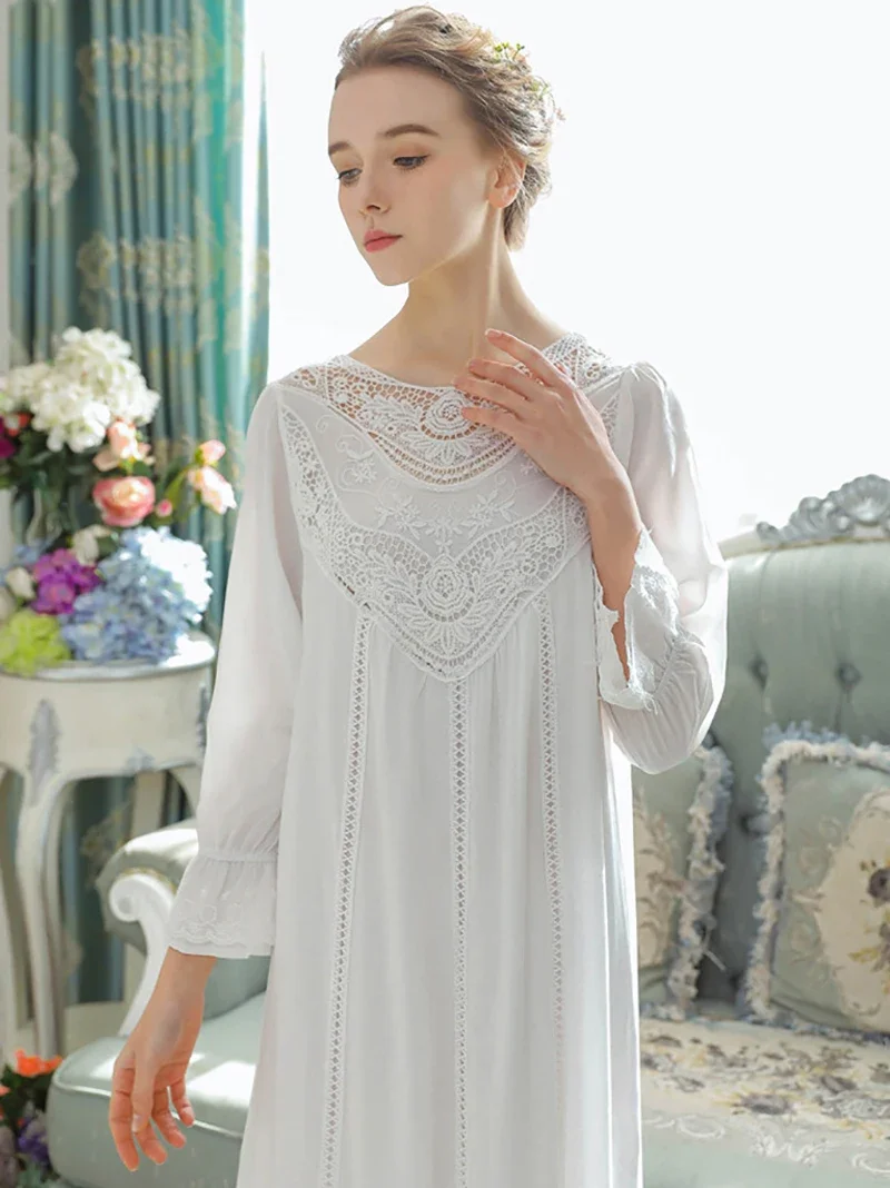 Women Pure Cotton Ruffles V-Neck Vintage Nightgown Robe Long Dress Victorian Romantic Princess Sleepwear Nightdress Home Clothes