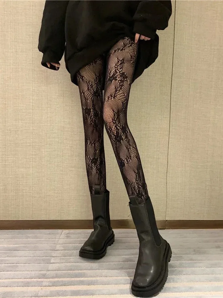 

2024 Classic Lolita Hollowed Out Lace Mesh Sexy Leggings Retro Floral Rattan White Stocking Club Hot Tights Japanese Pantyhose