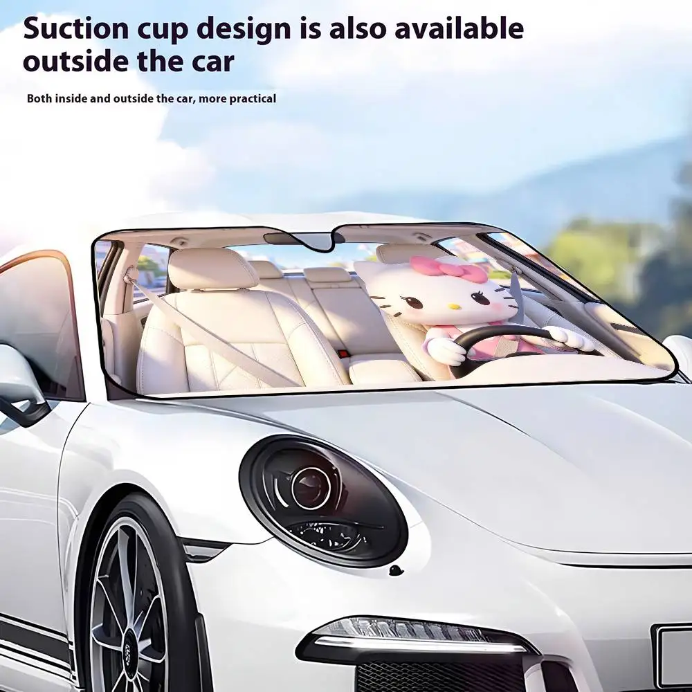 Kawaii K-Kitty Drive Car SunShade Windshield Funny Sun Shade Foldable UV Ray Sun Visor Protector Sunshade For Front Window image 3
