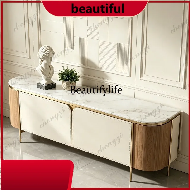 F181 Solid wood saddle leather TV cabinet coffee table combination rock slab countertop advanced feeling furniture