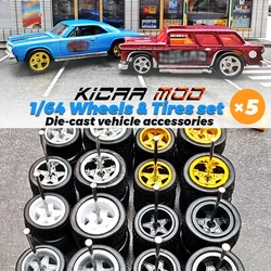 1/64 Front Small Rear Big Wheels with Detachable Rubber Tires Pentagram Spokes Model Cars Refiting Parts for Hotwheels (5 Sets)