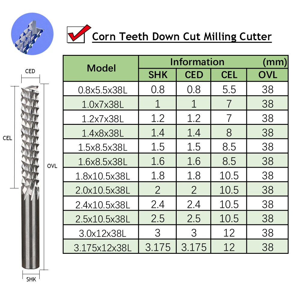 10Pcs 0.8 to 3.175mm CED 3.175 Shank left hand down cut Corn Teeth PCB Mill Cutter End Mill for Circuit board, fiberglass board