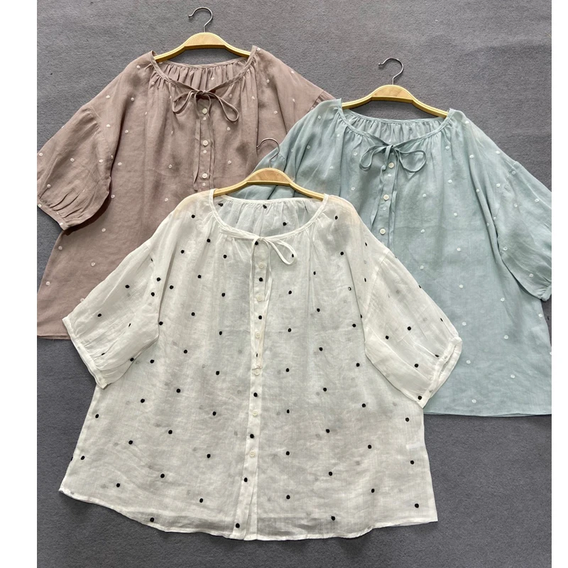 

Johnature Japanese Linen Short Sleeve Wave Point Embroidery Shirts 2024 Summer Thin O-neck Thin Loose Women Blouses