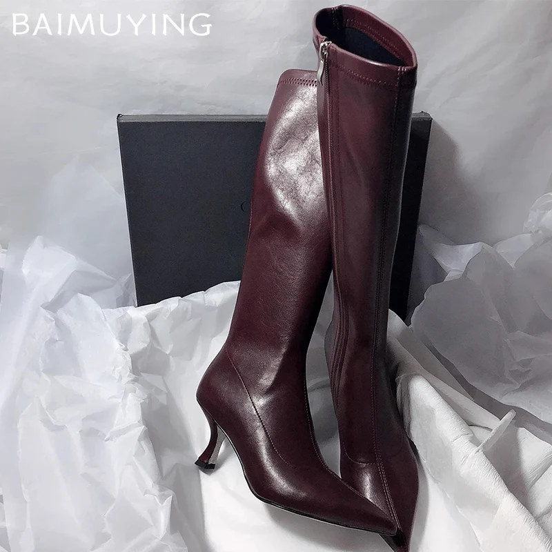 Elegant High Heels Women High Boots Leather Pointed Toe Fashion Shoes 2025 Winter Trend Designer Knee High Pumps Botas De Mujer