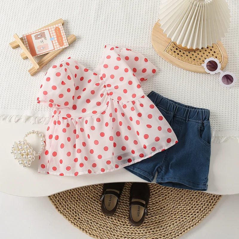 

2025Summer Girls' Outfit Short Sleeve Polka Dot Chiffon Top+Denim Shorts Two-Piece Set