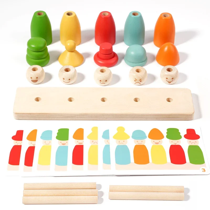 Montessoris Giocattoli per l'apprendimento precoce in legno Ordinamento dei colori Abilità motorie fini Cappello da burattino Gioco di partite per il viso Giocattoli impilabili creativi per bambini