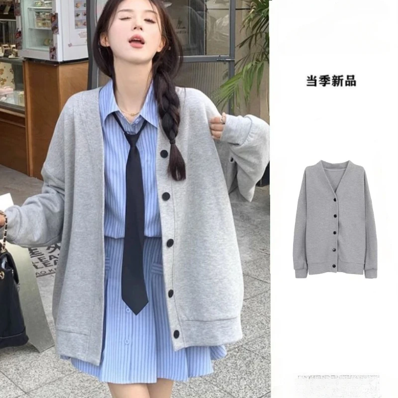 Single Row Buckle Long Sleeved Top Women's Cardigan V-neck Jacket Soft and Comfortable Versatile Girlish Style Sweet Grace