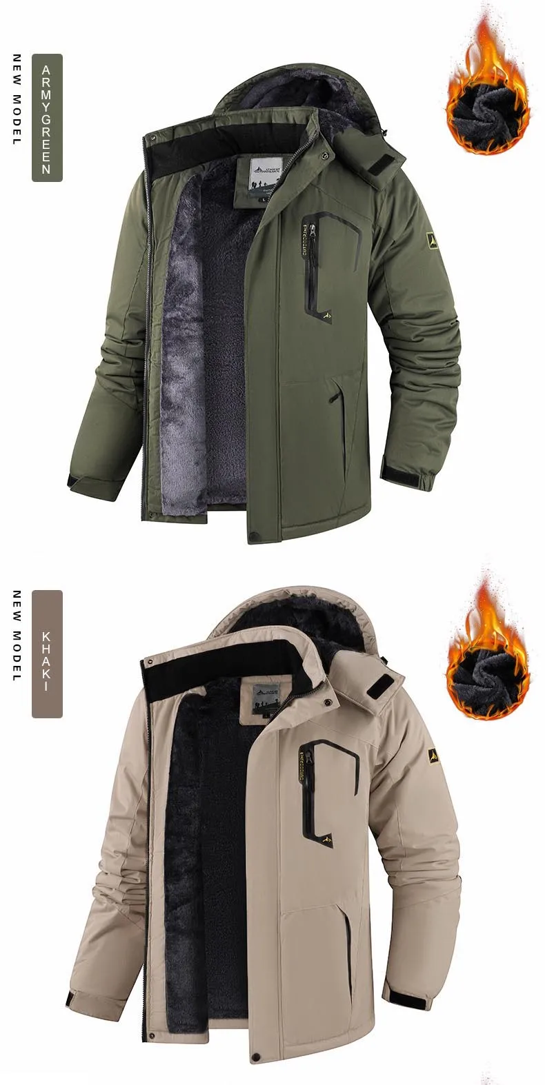 Winter-Parka für Herren, Windschutz, verdicktes Fleece, mit Kapuze, warme modische Jacke, Mäntel, Skifahren, Kontrastfarbe, trendiger Outdoor-Mantel – Detail 13