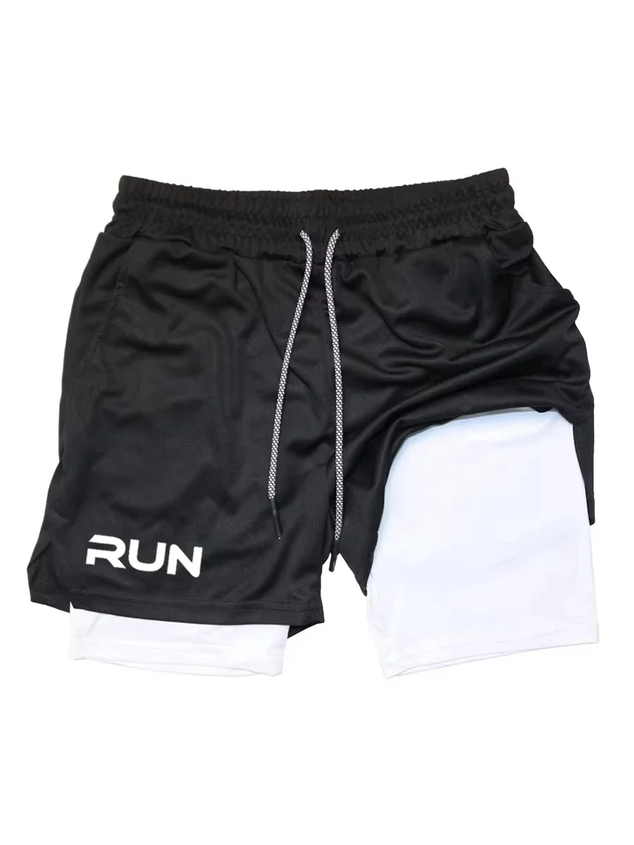 2026RUN Printed Men's 2-in-1 Running Shorts Gym Exercise Fast Drying Compression Sports Shorts