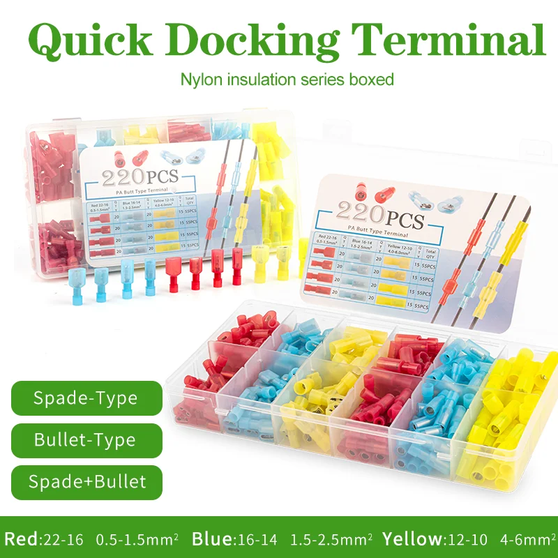 

220 шт. в штучной упаковке, тип лопаты/пули, быстродействующаяся нейлоновая изоляция, серия стиковых клемм Cirmp, мужской и женский комплект для сращивания проводов