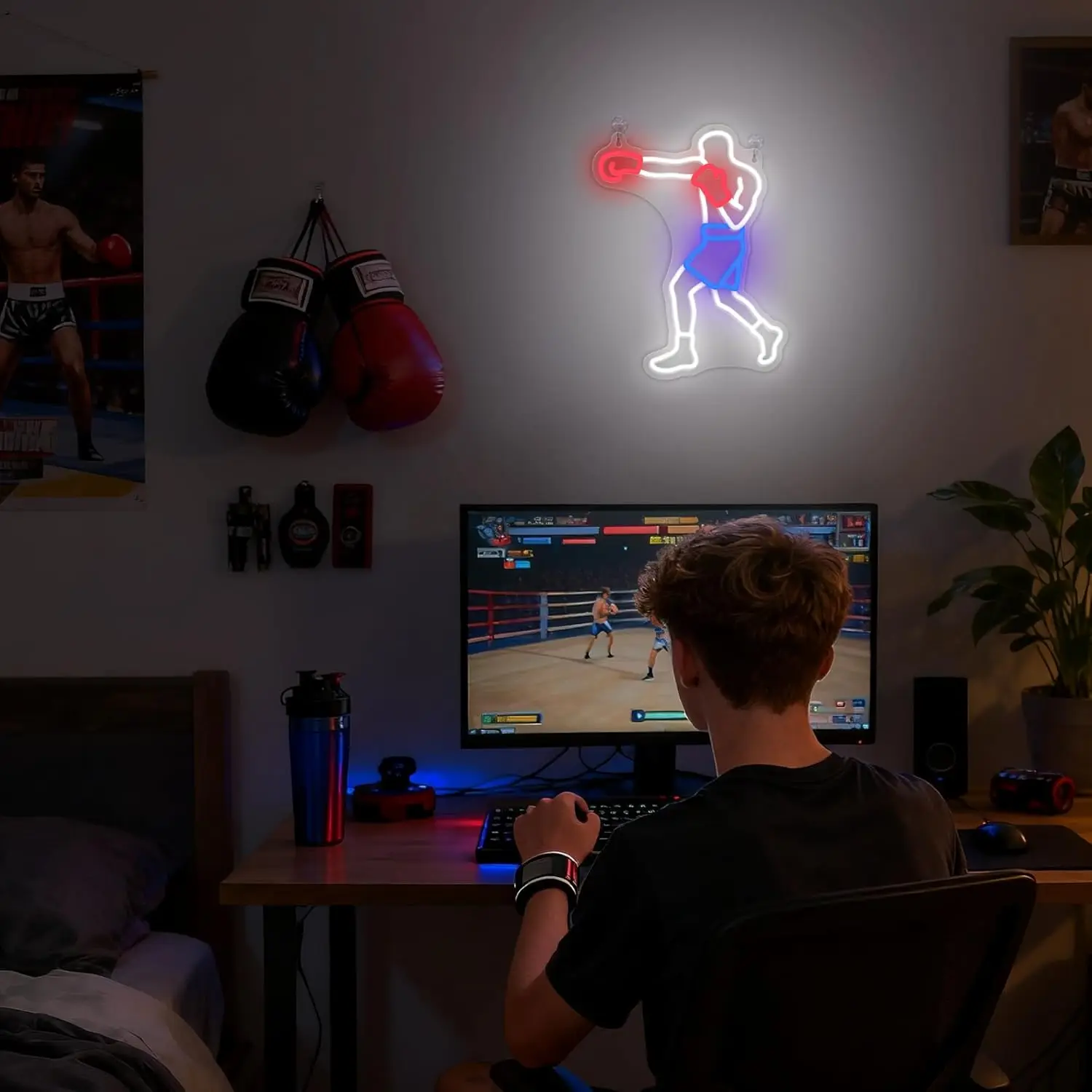 Boxing Neon Sign LED Neon Light for Men Gifts Gym Fighting Combat Sports Theme Room Man Cave Club Wall Art Decor USB Dimmable