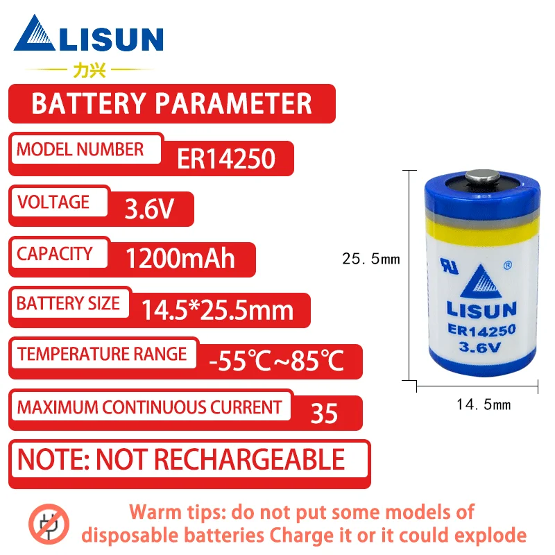 LISUN ER14250 3.6V 1/2AA Bateria De Lítio Para PLC Servo Valor Absoluto Programador Locator Sonda Visão Automação Instrumento