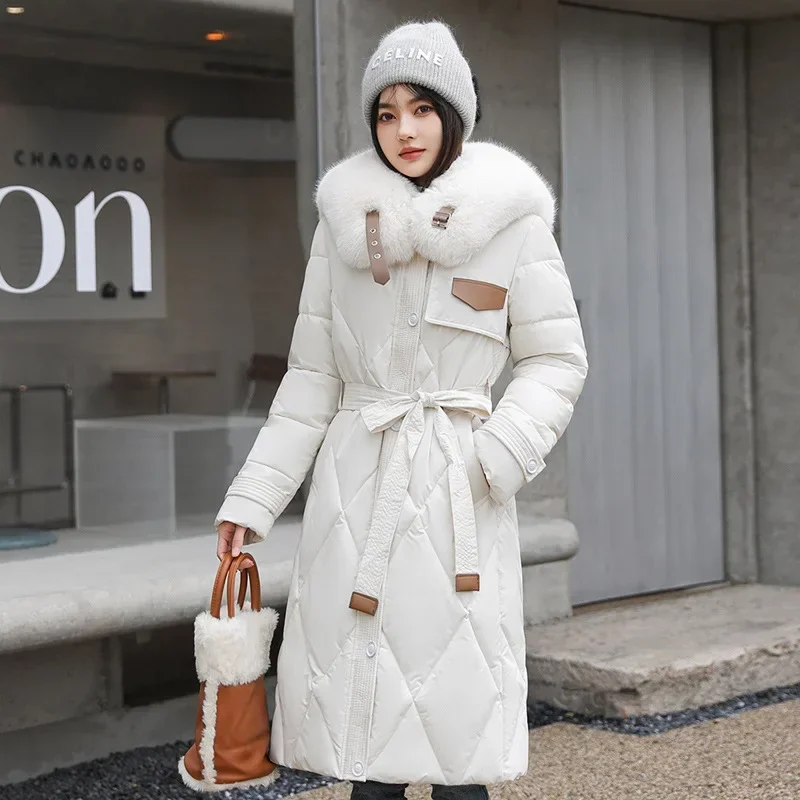 White Fur Collar Down Cotton Parkas Padded Coat Women Winter 2023 New Fashion Long Over The Knee Waist Warm Thick Parkas Coat