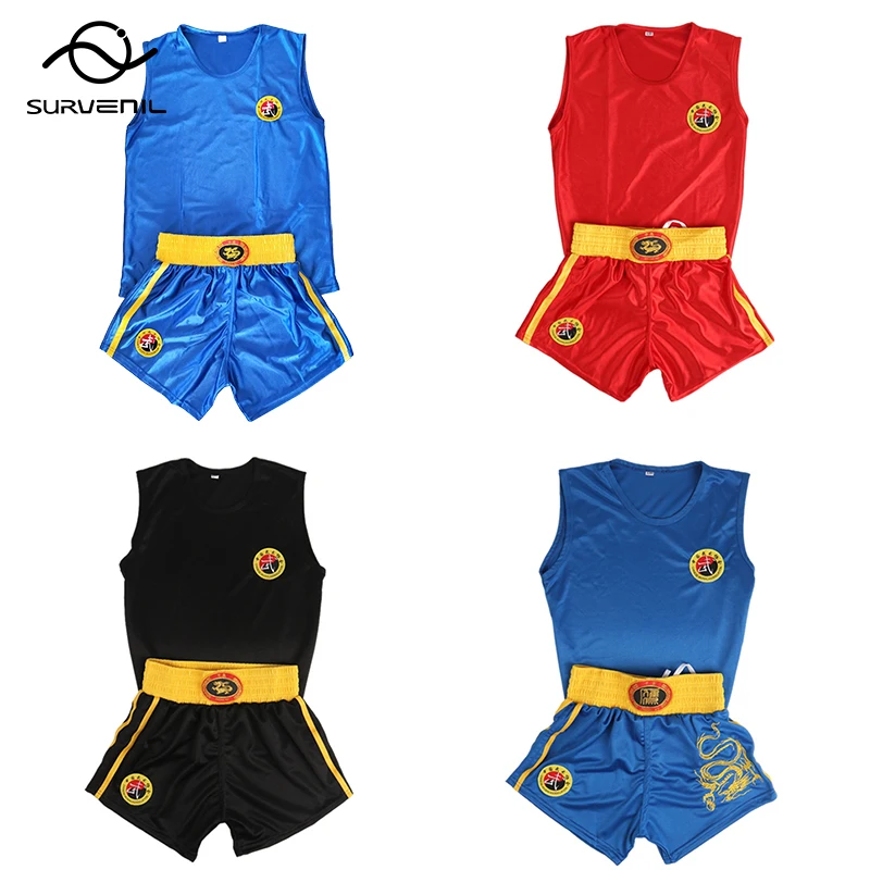 Boxing Shorts and T Shirt Men Women Kids Kickboxing Cage Fight Muay Thai Shorts Vest Set Satin Wushu Sanda Martial Arts Uniform