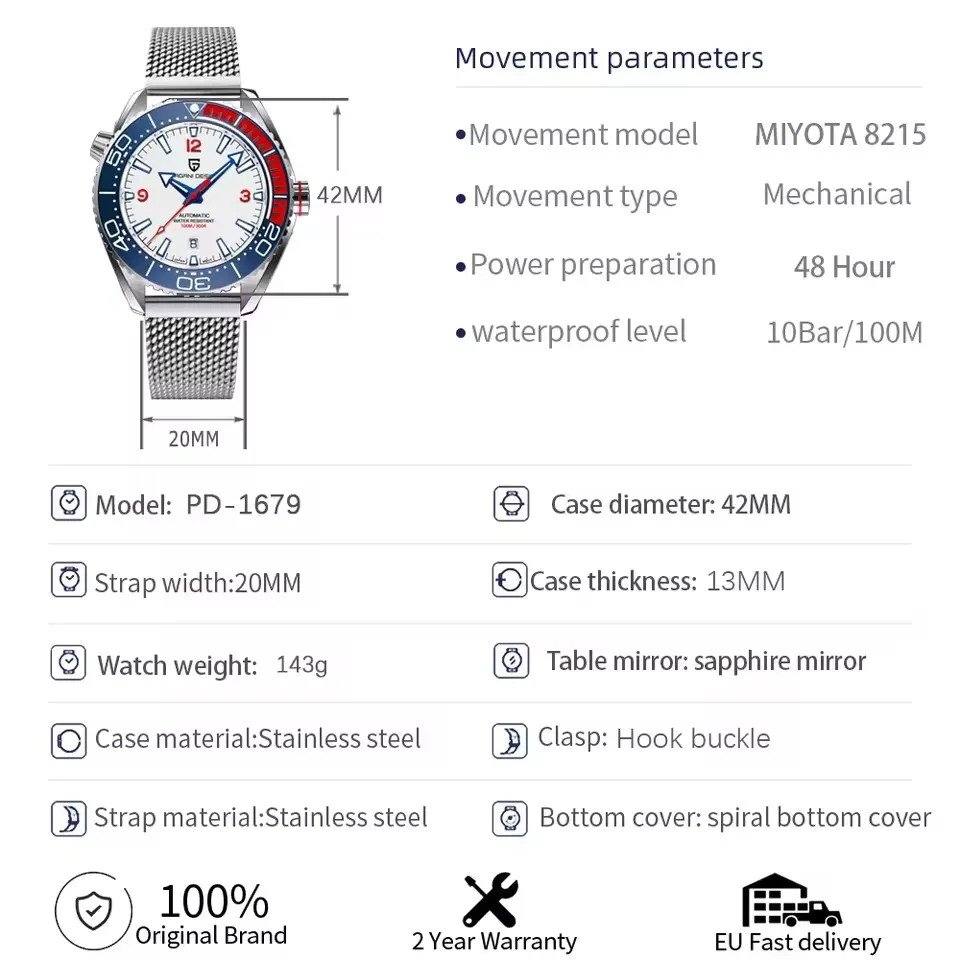 PAGANI DESIGN 42 مللي متر كلاسيكي متعدد الاستخدامات فاخر للرجال أوتوماتيكي مقاوم للماء ساعة العلامة التجارية الأعلى الياقوت الزجاج ساعات آلية للرجال