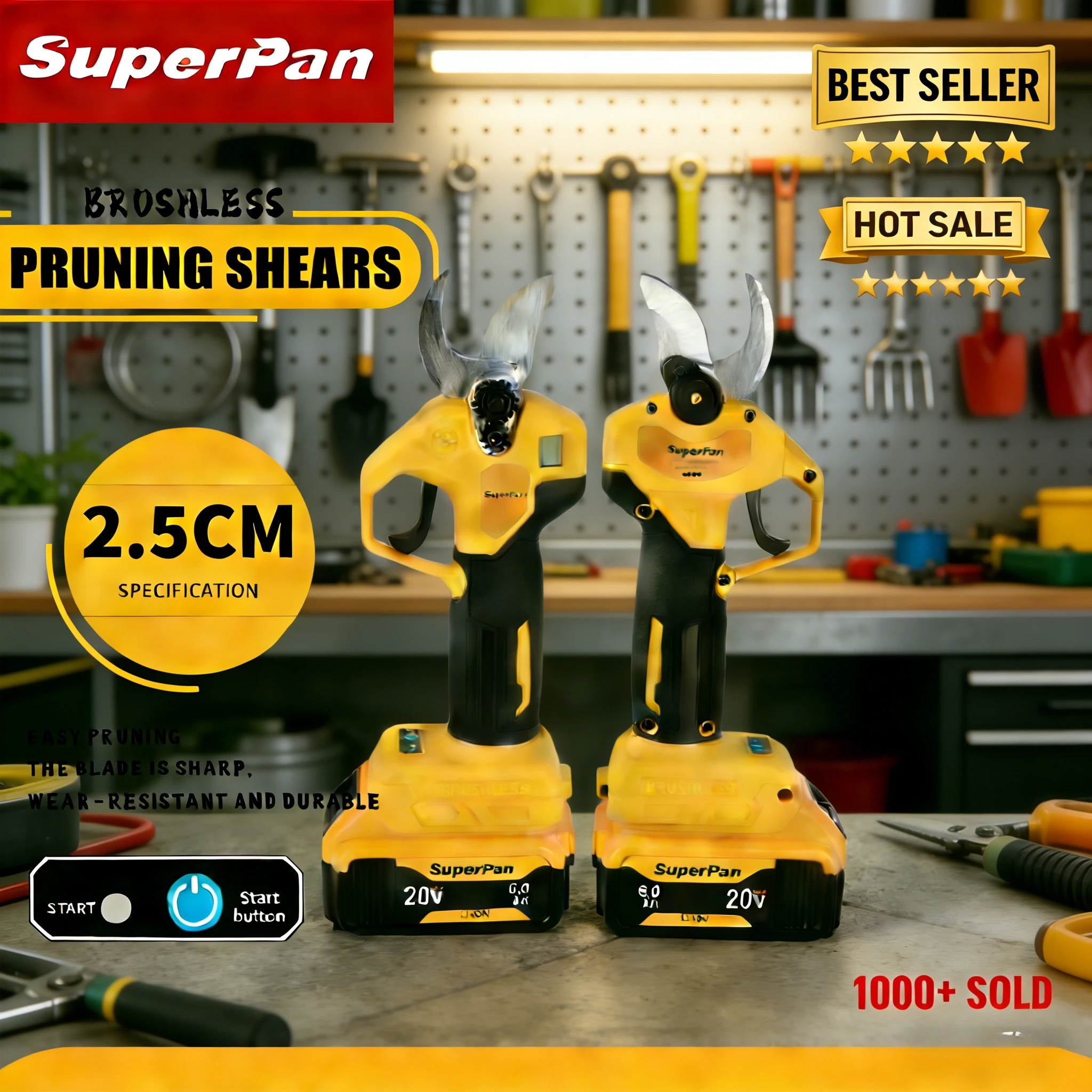 

Аккумуляторные садовые ножницы SuperPan, 6.0 Ач, с противоскользящей рукояткой, для ежедневного ухода за деревьями и кустами, совместимые с аккумулятором DeWalt 20В.