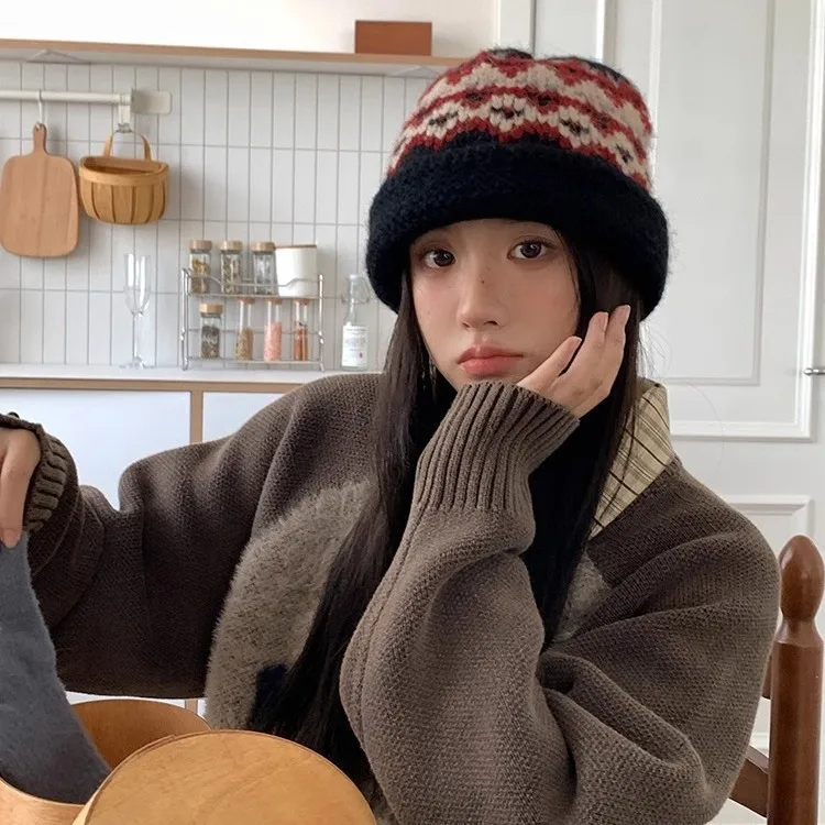 قبعات السيدات الكورية جزيرة فيل نمط الرجعية لفتاة قبعات منسوجة متعددة الاستخدامات دافئة مريحة الشتاء سميكة قبعات حماية الأذن #3