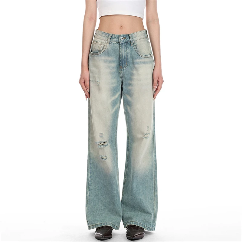 

Summer New American High Street Light Gradient Hole Loose Slimming Wide Leg Jeans Y2K Fashion Street Floor-Length Pants XXL