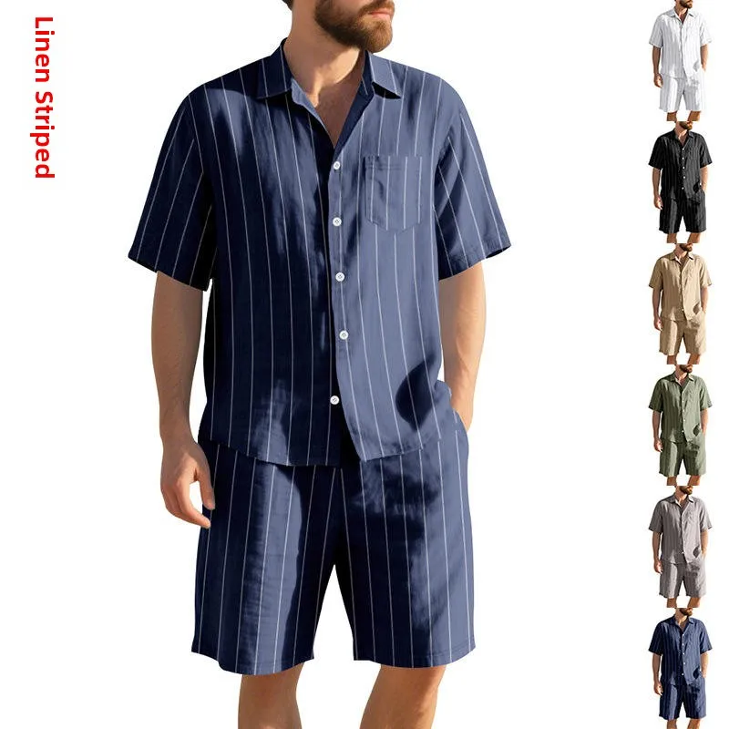

Summer Linen Set Men's Clothing Stripe Embroidery Loose ort Sve irt Beach orts Two Piece Set Spring Season irt Sle