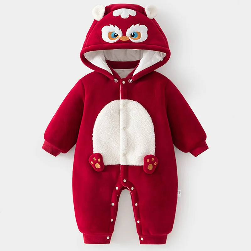 Winter Infant Girls Boy Clothes Chinese New Year Baby Outfit Cartoon Cute Hooded Warm Thicker Romper+Hat Newborn Jumpsuits B340