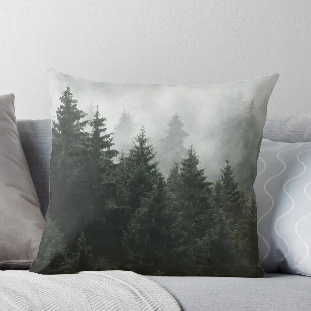 Waiting For // Misty Foggy Fairytale Forest With Cascadia Trees Covered In Magic Fog Throw Pillow Christmas Pillow Covers