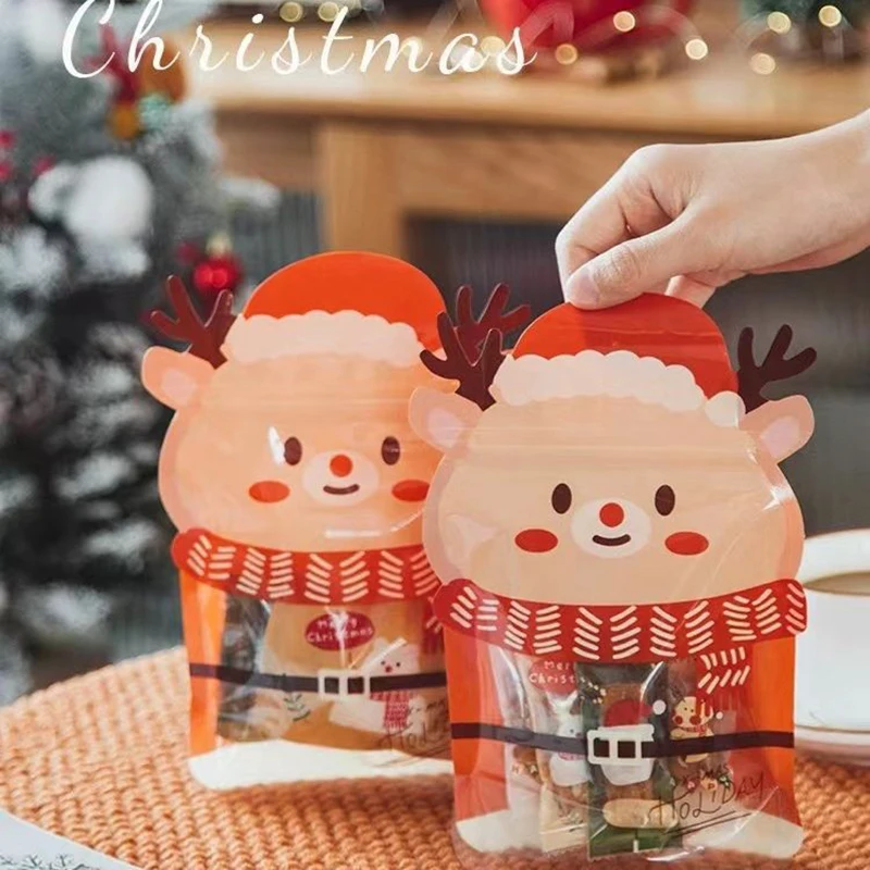 5pcs Christmas Gift Bag For Candy Chocolate Cookie Nougat Biscuit Packing Gift Tree Santa Zipper Bags