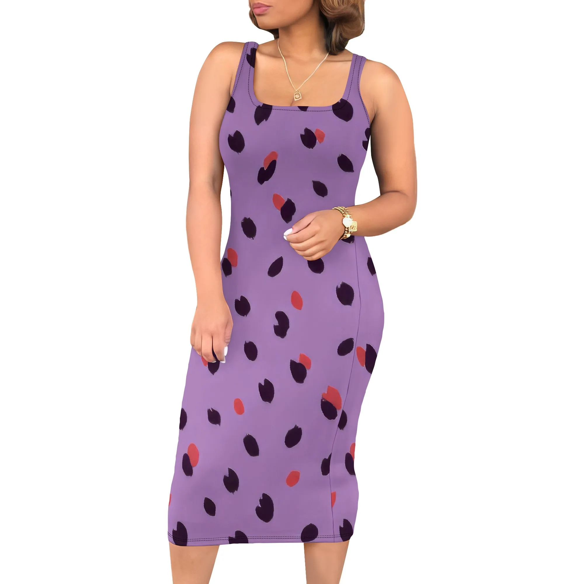 ผู้หญิงฤดูร้อนสบายๆเซ็กซี่ชุดเข้ารูป U คอ Polka Dot พิมพ์ชุดแขนกุด Midi แฟชั่น Party Dress