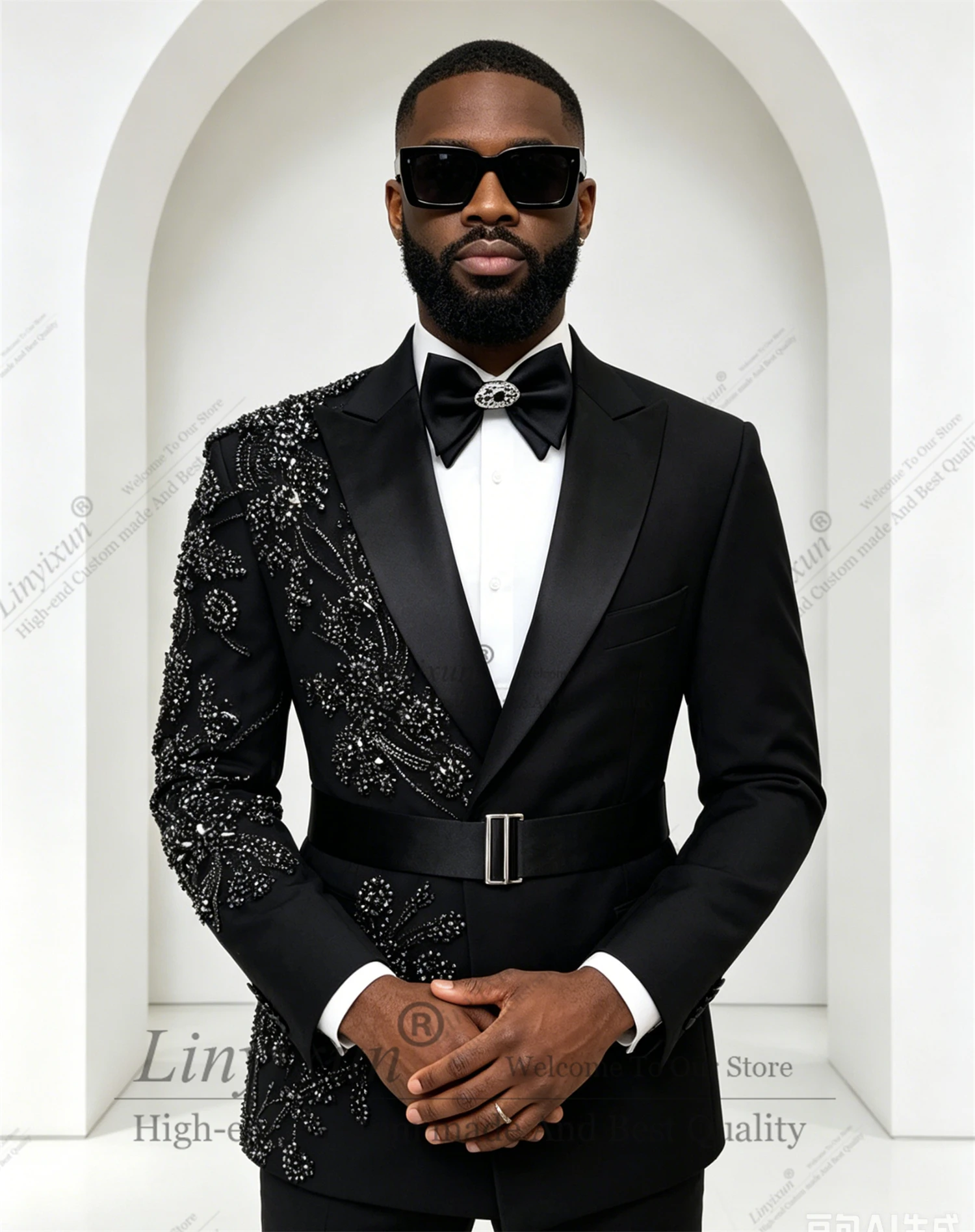 Latest design Diamond Beaded Suit Men Slim Fit Prom Blazer With Pants 2 Piece Sets Customized Groom Wedding Formal Party Tuxedo