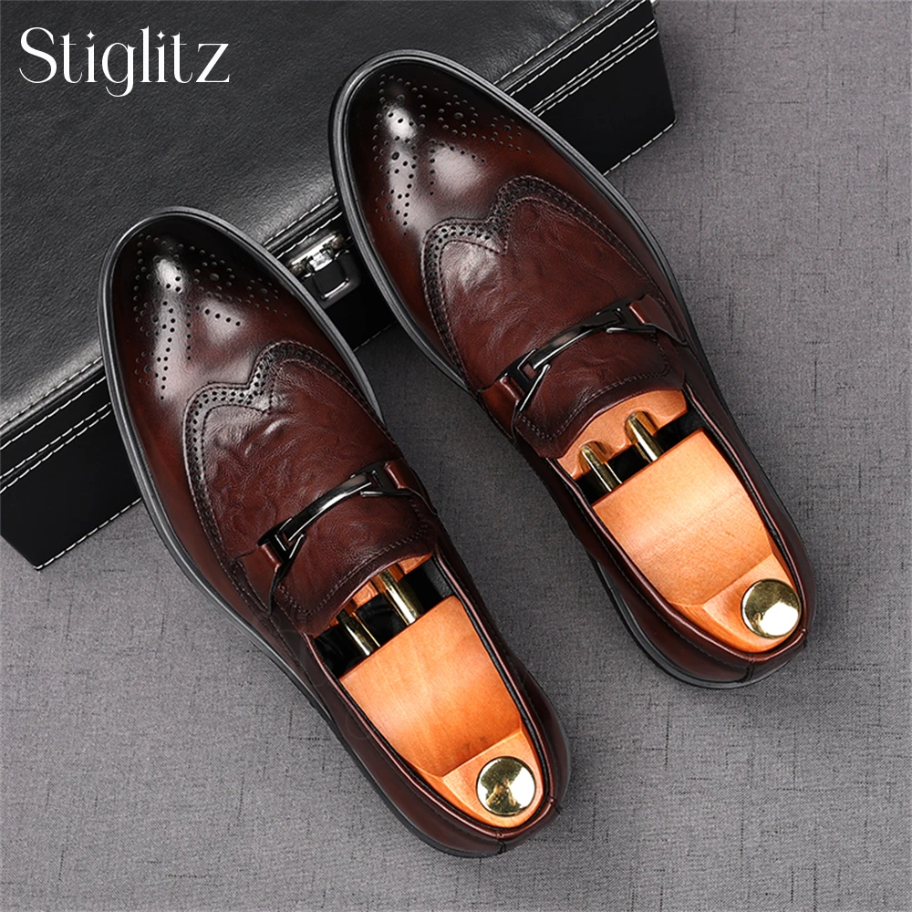 

British Style Brogue Loafers for Men Metallic Decoration Business Casual Shoes Brown Artificial Leather Carved Slip-On Shoes New